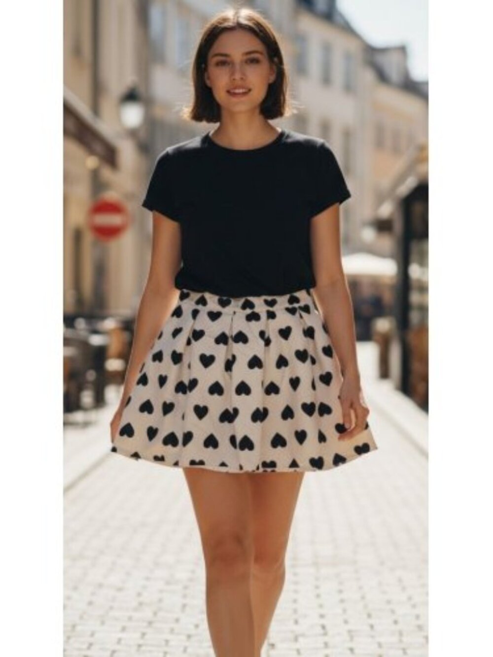 FOREVER 21 Pink Black Heart Print Lined Pleated Skirt Girls Size 11-12 Pockets